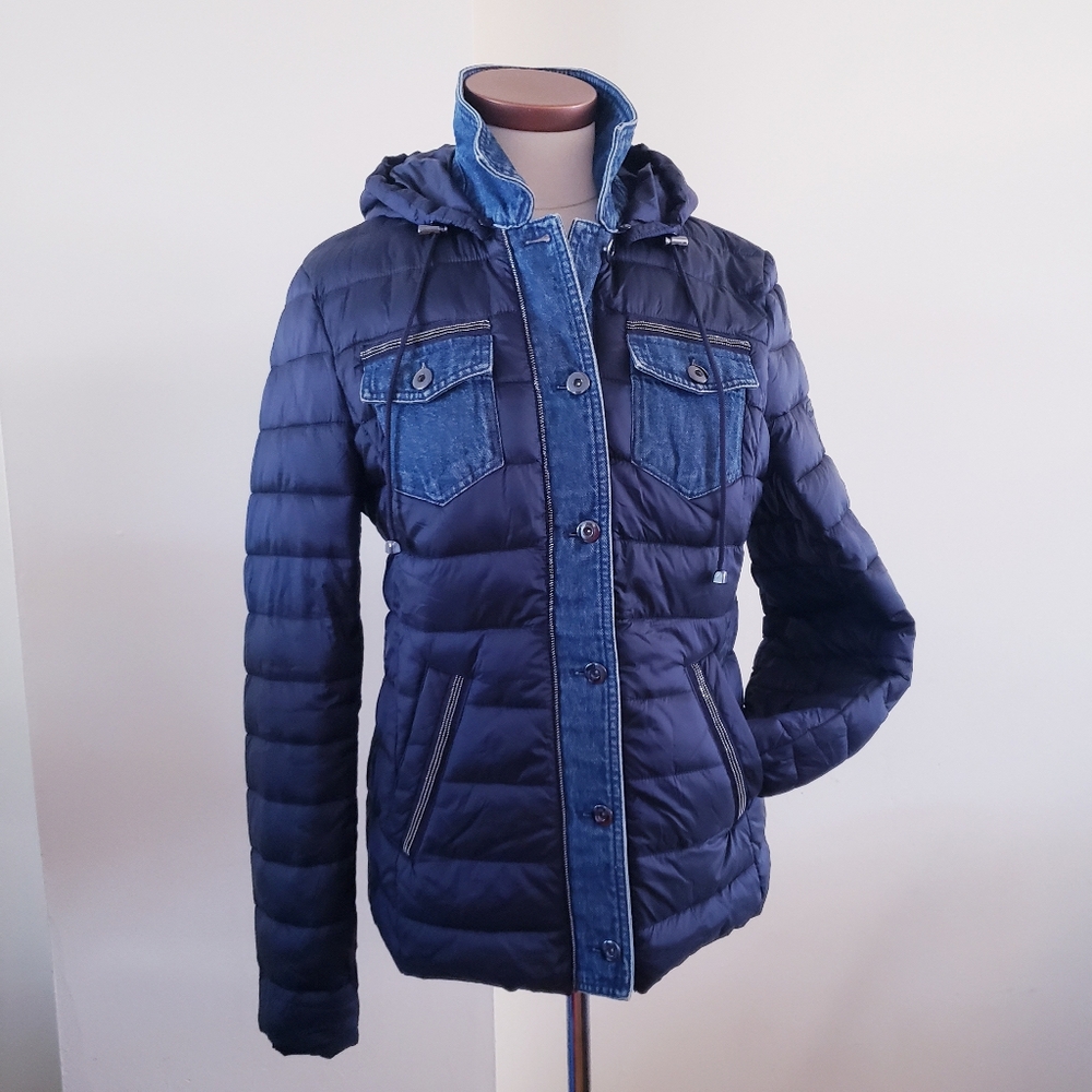 MARC AUREL NWOT Quilted Puffer Hooded Jacket with Denim Accents - EUR 38